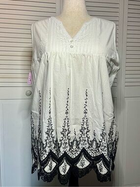 Hannah White Tunic Top with Black Scalloped Embroidery